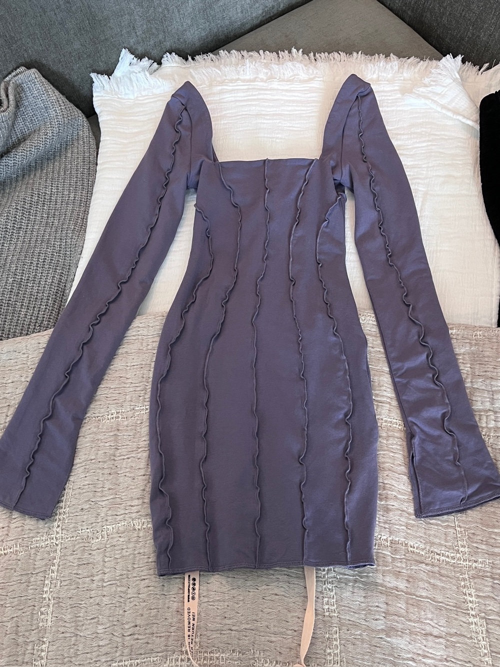 Oh Polly Slate Navy Grey Purple Long-Sleeve Square-Neck Bodycon Dress